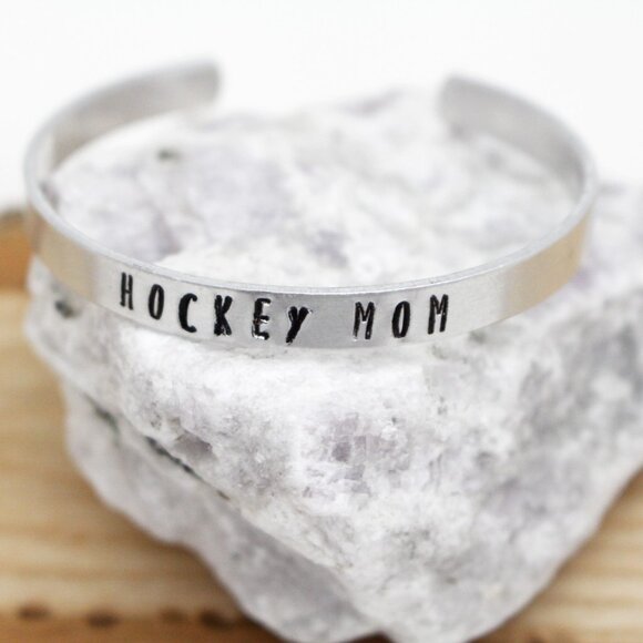 Hockey Mom - Hand Stamped Anodized Aluminum Bangle - Adjustable - Picture 2 of 11